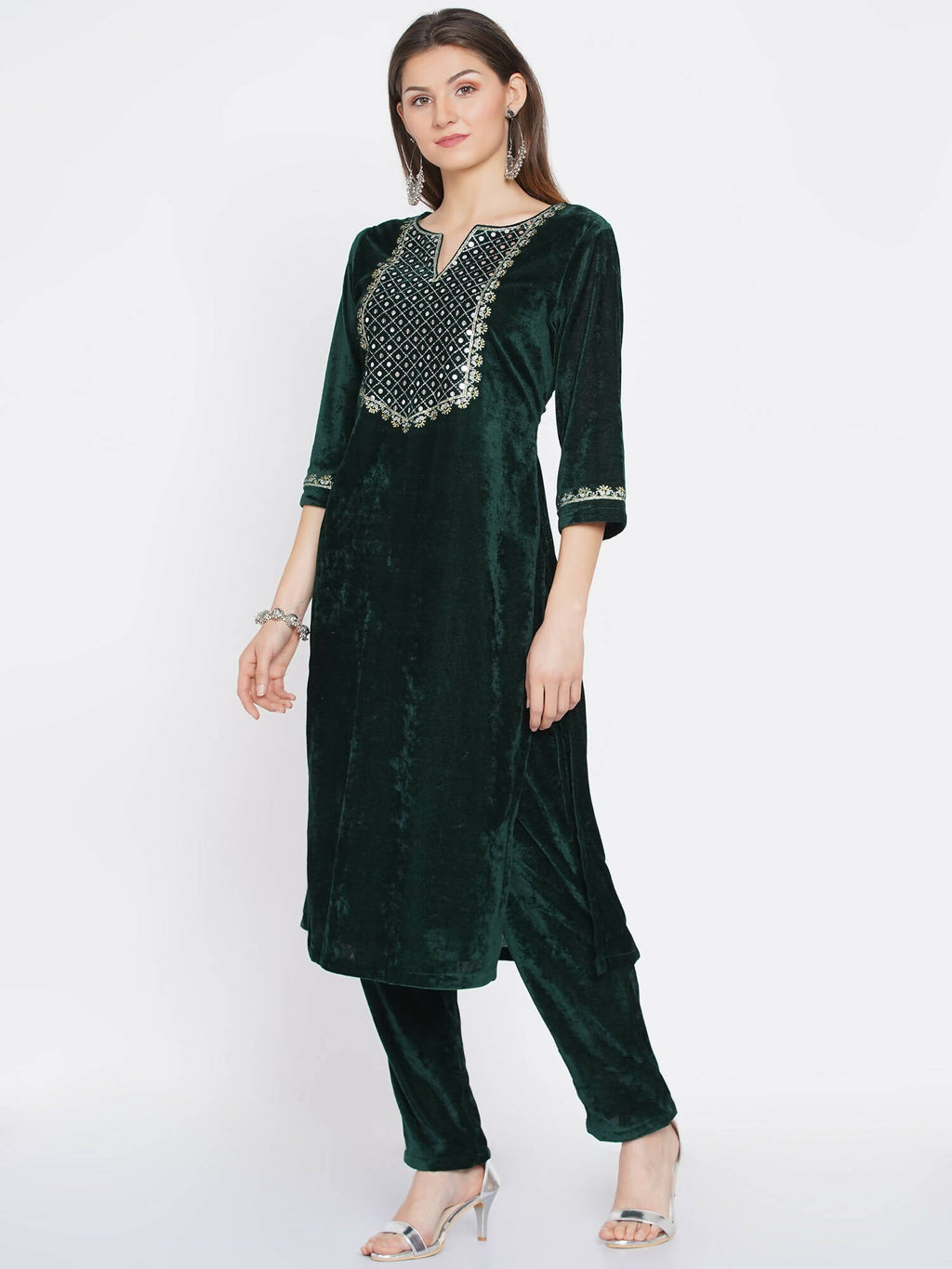 Women Republic Green Velvet Embroidered Kurta With Pant