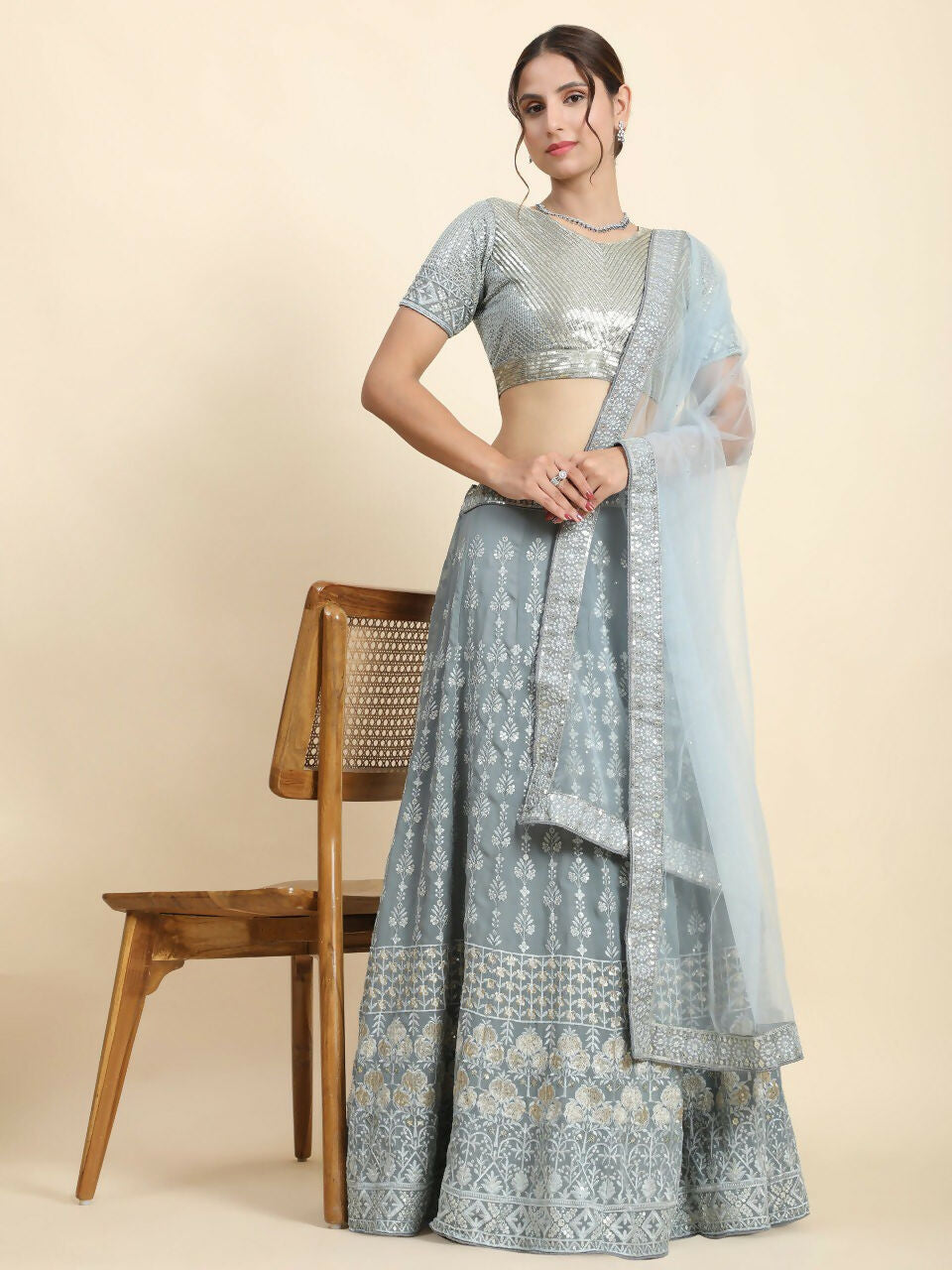 Jyoti Fashion Mesmerizing Grey Faux Georgette 3MM Sequins with Thread & Jari Embroidery Lehenga Choli with Dupatta