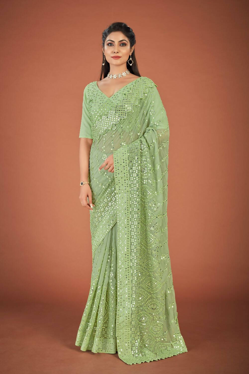 Vamsee Green Georgette Designer Saree
