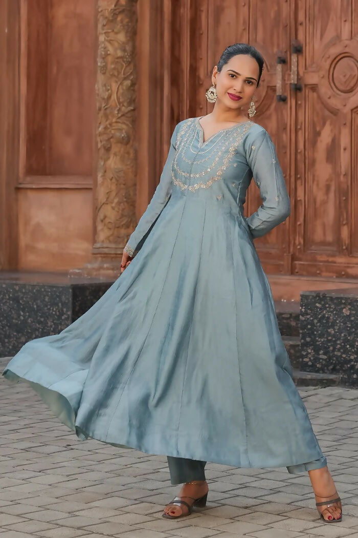 The52 Teal Blue Women's Gorgeous Vichitra Silk Fabric Embroidered Work Flared Anarkali Pant and Dupatta Set