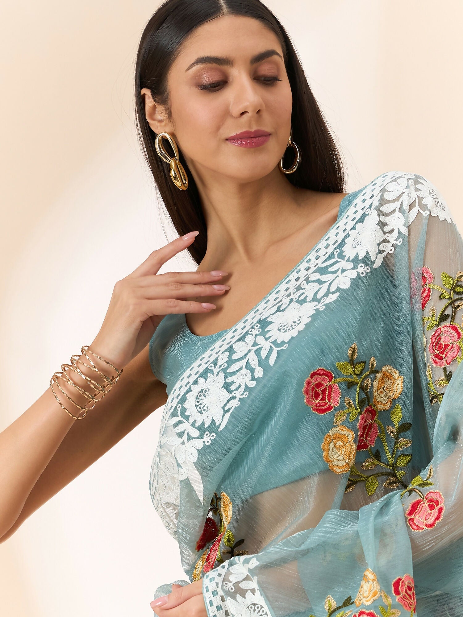 Blue Organza Floral Embroidered Saree with Unstitched Blouse Piece - Roozal