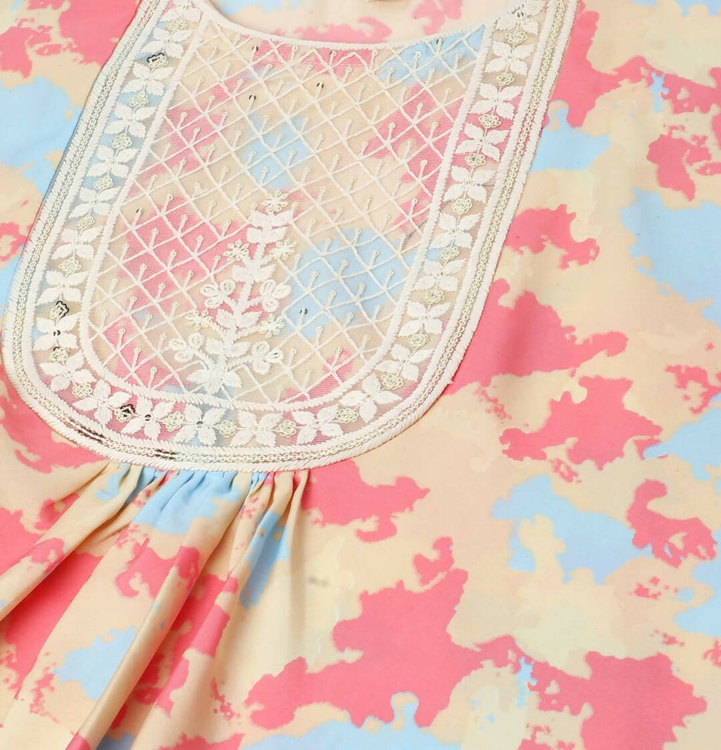 Beige & Pink Poly Crepe Digital Printed Top with Matching Bottom - Preeti