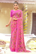 Pink Chiffon Printed Ivory Print and Zari work Saree with Unstitched Blouse Piece - Shanaya