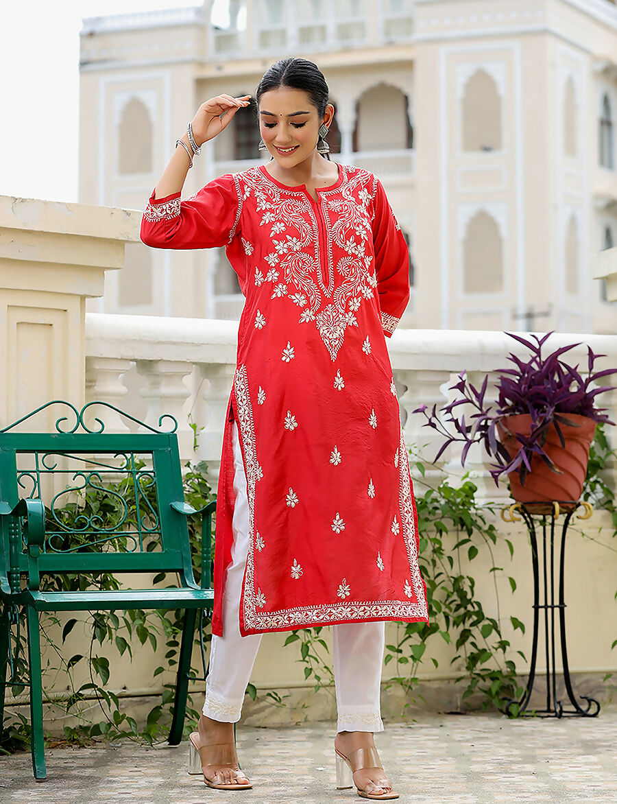 Kaajh Women's Red Chikhankari Embroidered Kurta Pant Set