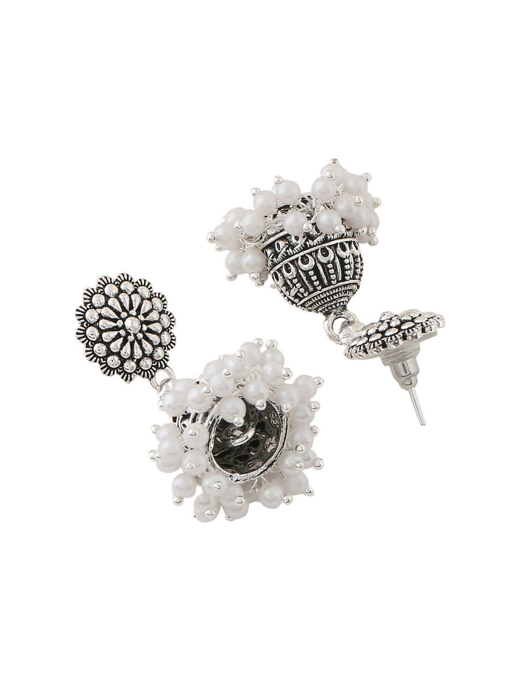 NVR Women Silver Toned Dome Shaped Jhumkas Earrings