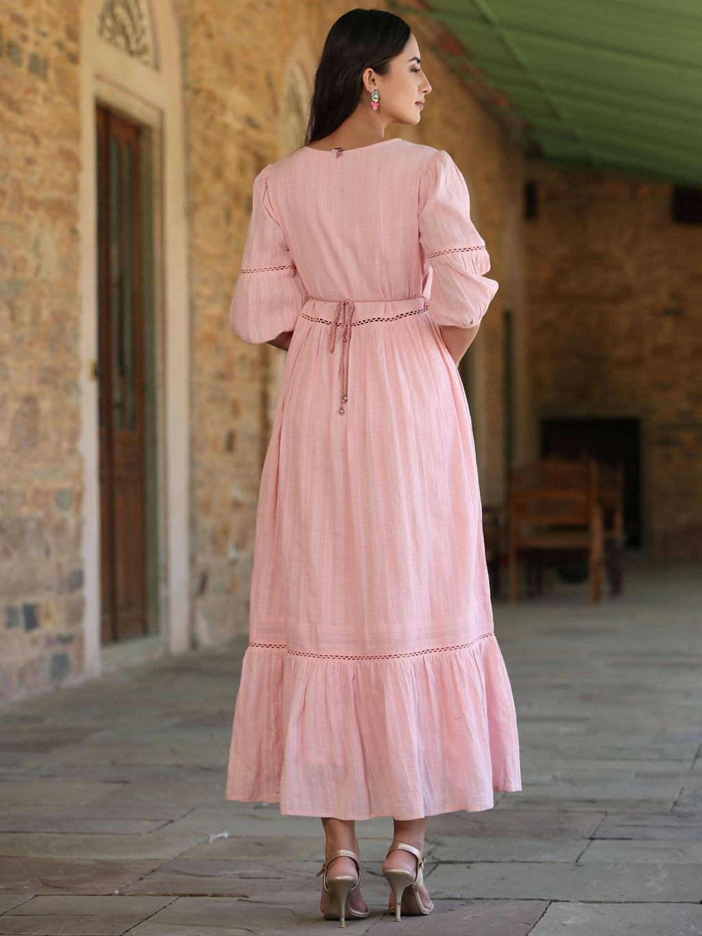 Juniper Women's Pink Cotton Dobby Embroidered Flared Dress