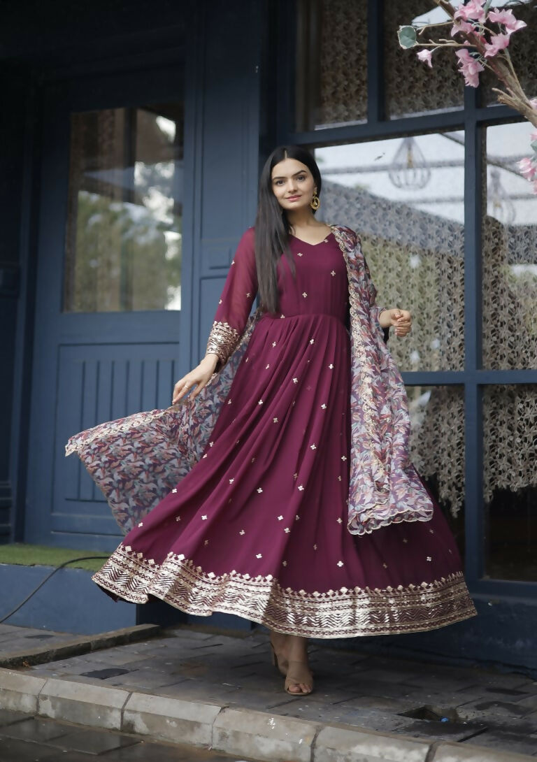 Jyoti Fashion Women's Wine Faux Blooming Sequins with Zari Embroidery Anarkali Dress with Dupatta