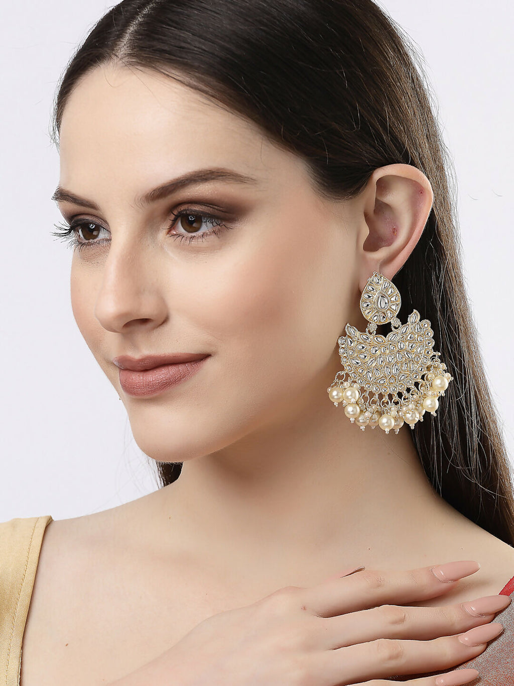 NVR Women Gold-Polished Kundan Chandbali Earrings