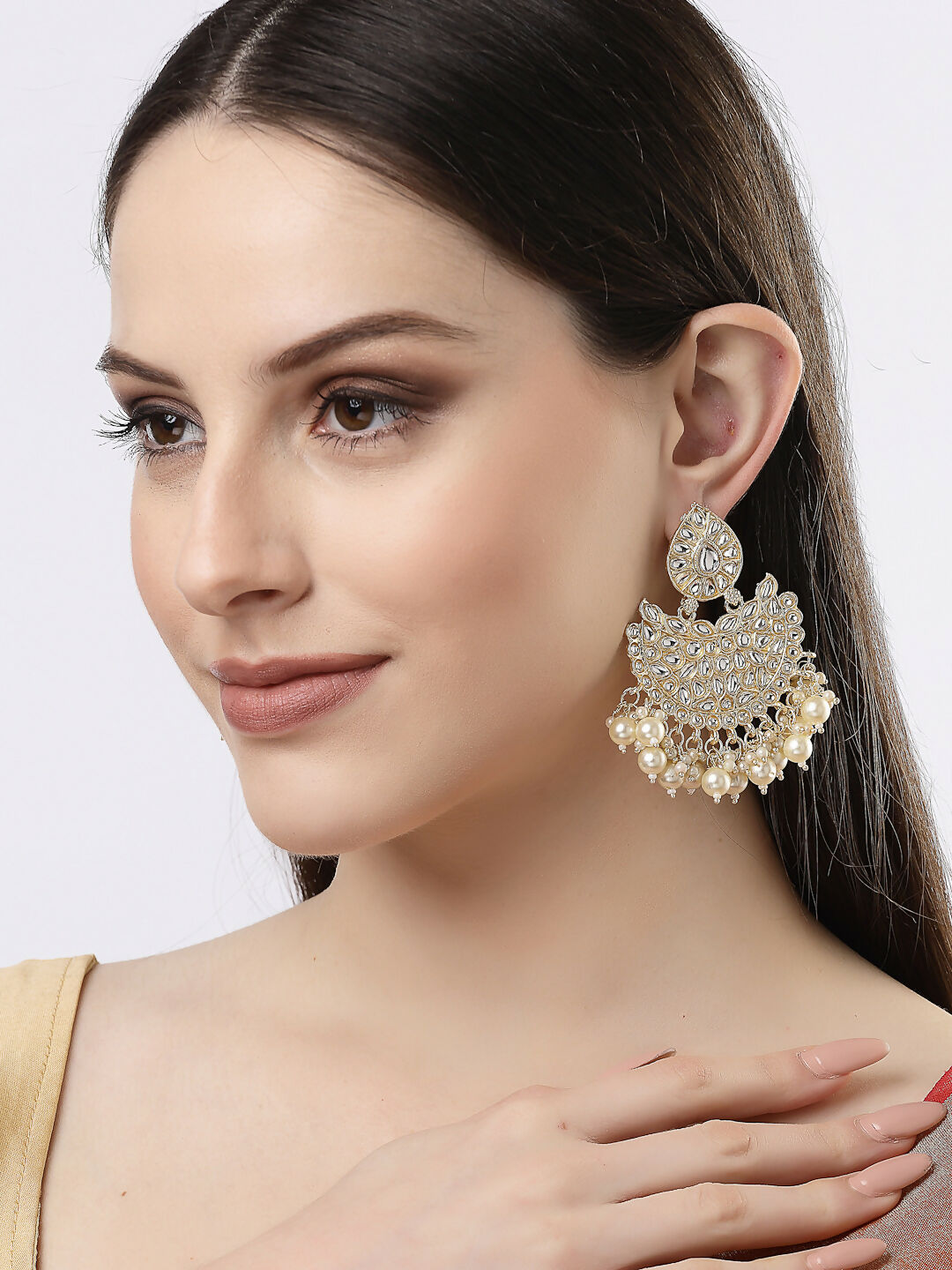 NVR Women Gold-Polished Kundan Chandbali Earrings