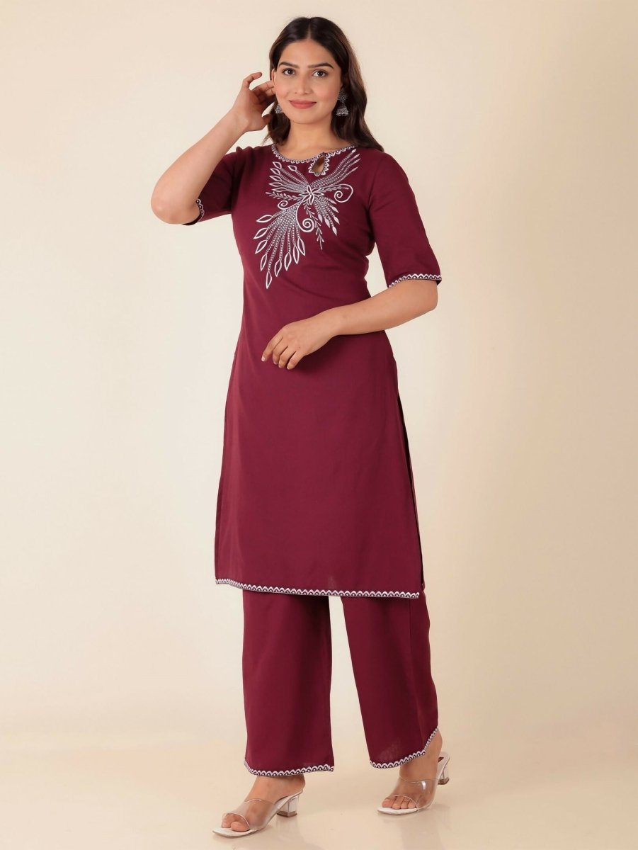 Aramya Maroon Linen Cotton Solid Print Straight Kurta Set for Women