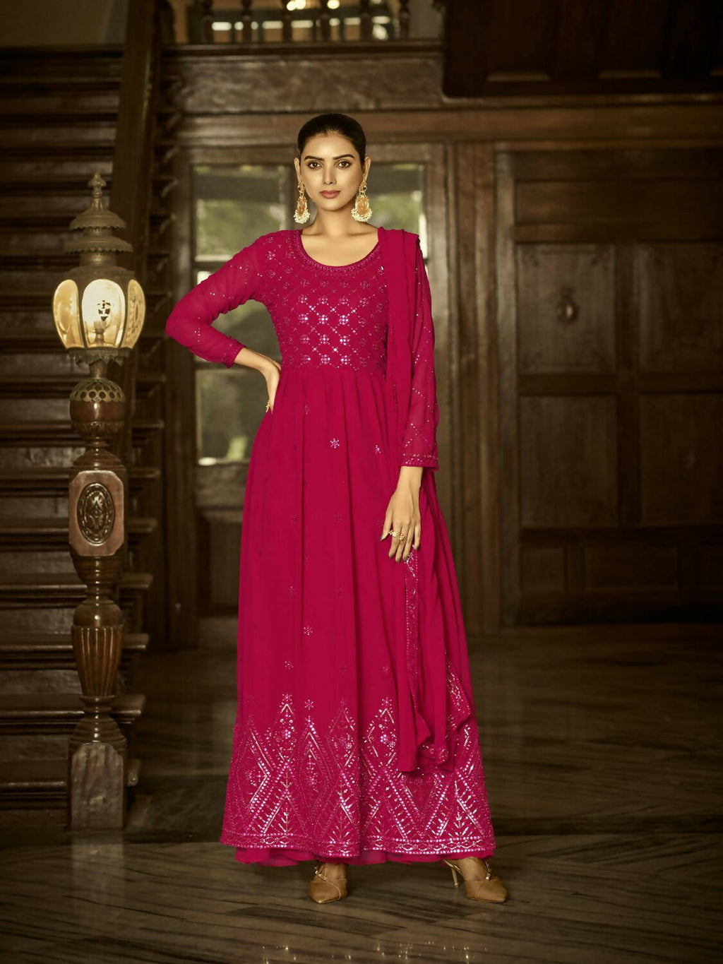 Pink Heavy Faux Georgette Anarkali Embroidered Kurta Set - Dhvani