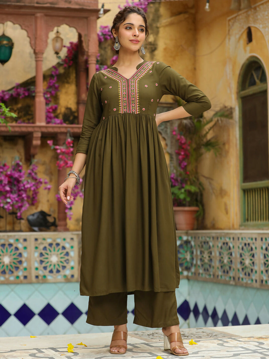 Janasya Olive Rayon Embroidered Kurta & Bottom