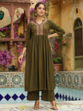 Janasya Olive Rayon Embroidered Kurta & Bottom