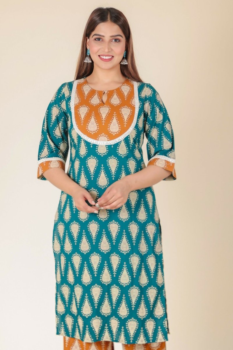 Aramya Turquoise Soft Cotton Floral Straight Kurta for Women