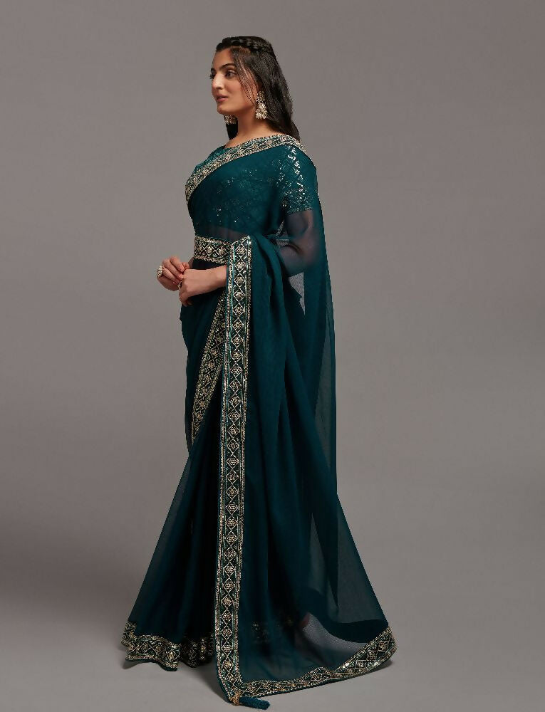 PR Fashion Petrol Zometo Embroidery Lace Saree