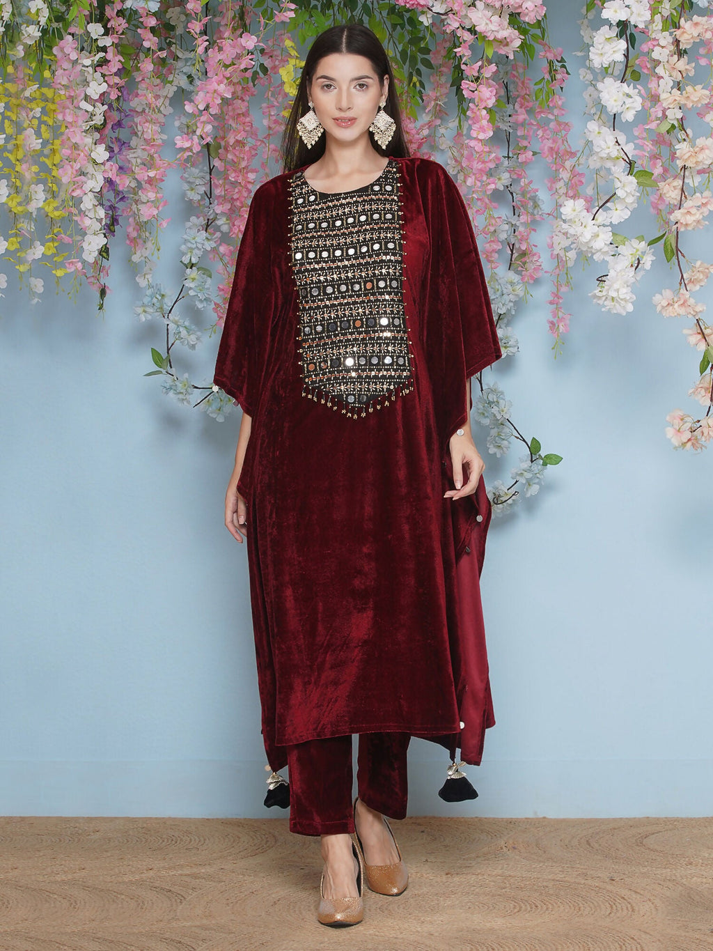 Joban Fashion Maroon Velvet Hand Embellished Kaftaan Set
