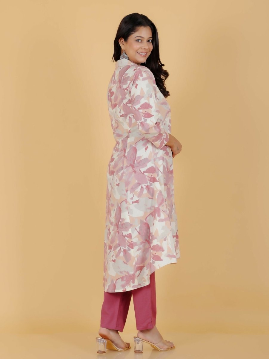 Aramya Pink Linen Cotton Foliage Print High Low Kurta Set for Women