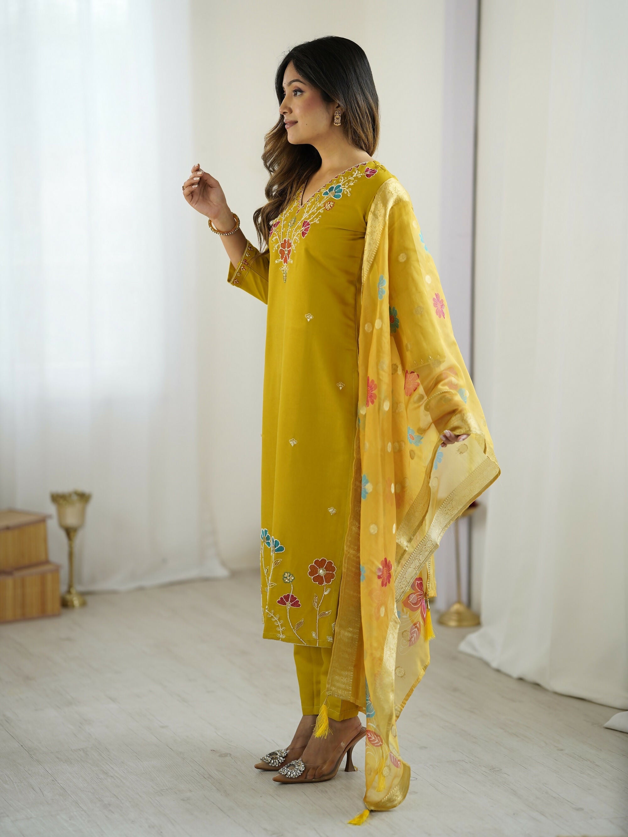 The52 Yellow Women's Gorgeous Embroidered work Viscose Gadhwal Fabric Straight Kurta, Pant and Dupatta Set