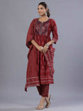Juniper Women Maroon Cotton Cambric Batik texture Printed Kurta, Pants and Dupatta Set