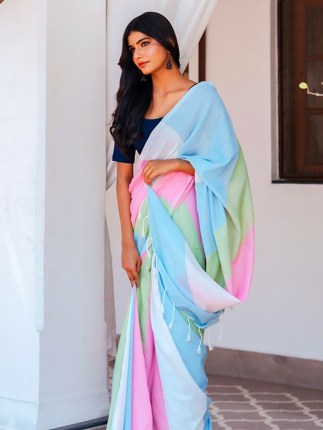 Zibaa Hand-Dyed Mul Cotton Multi-color Saree with Tassels
