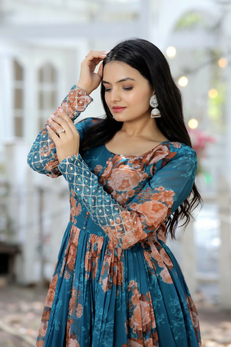 Jyoti Fashion Women's Teal Sequence Zari Embroidered Faux Georgette Anarkali Dress