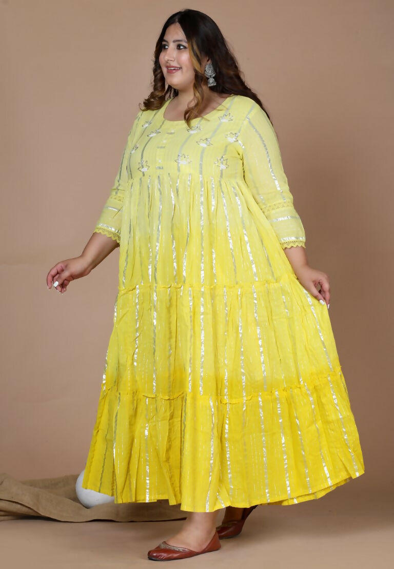 Miravan Women's Plus Size Cotton Embroidery And Lace Work Yellow Party Wear Anarkali Kurta