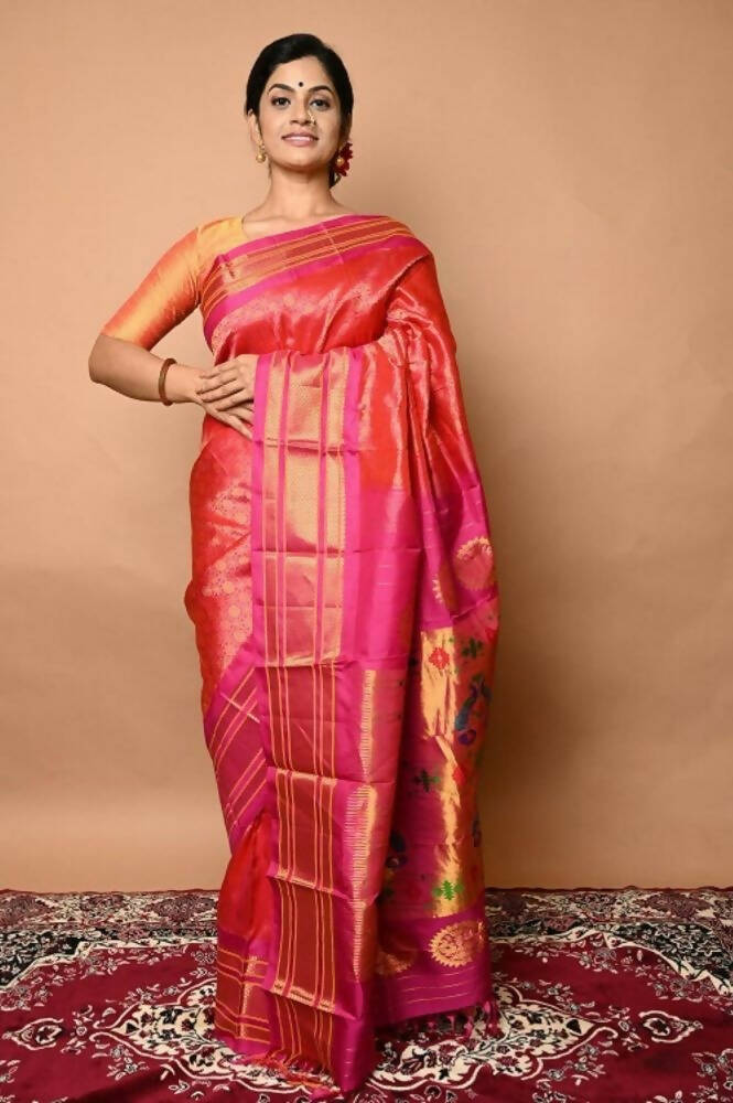 Very Much Indian Silk Handloom Maharani Paithani Complete Brocade Work Throughout Saree Peach Pink