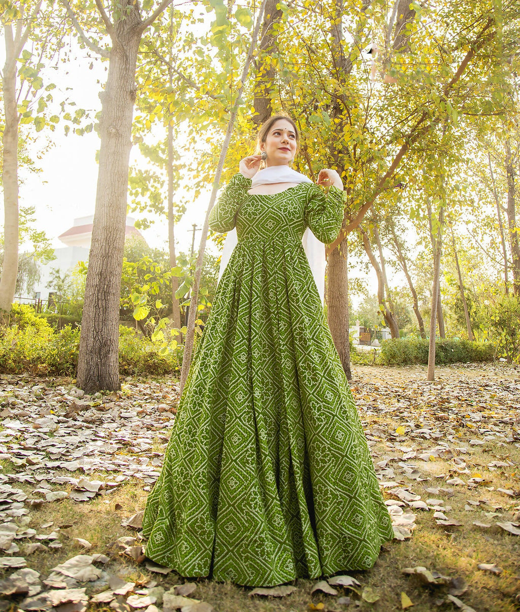 Green Pure Maslin Bandhej Print Work Stitched Suit With Dupatta - Anbazaar