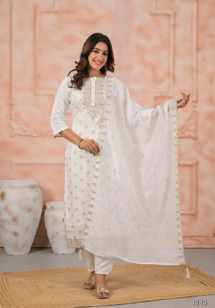Ethnic Festive Wear Viscose White Stitched Suit With Dupatta - Anbazaar