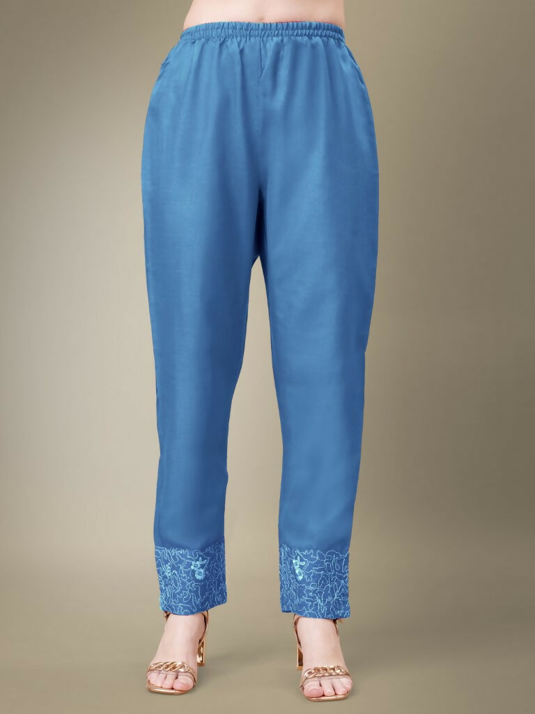 Jyoti Fashion Women's Sky Blue Cotton Blend Embroidery & Fancy Lace work Kurta with Trouser & Dupatta