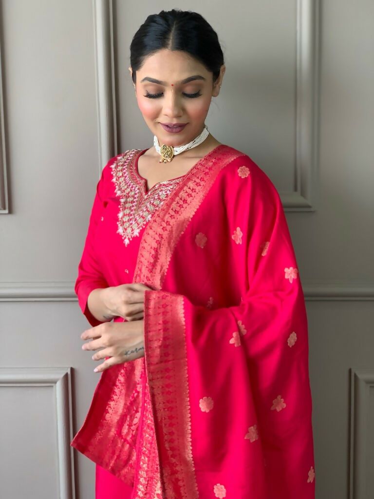 Partywear Designer Viscos Chanderi Red Stitched Suit With Dupatta - Tanisha