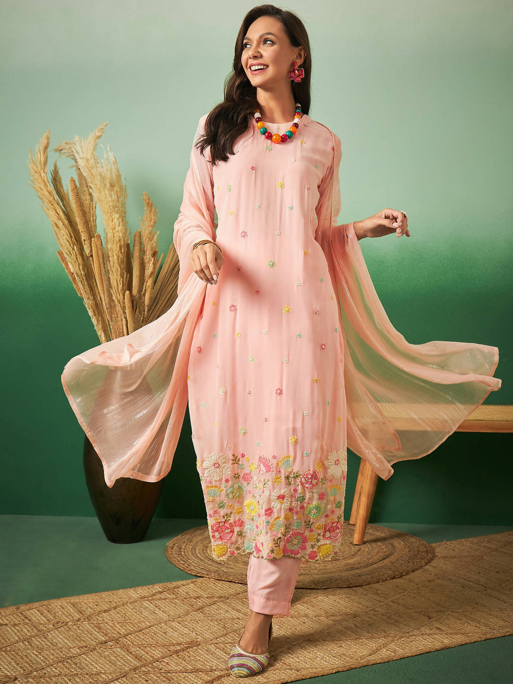 Peach Georgette Handwork Unstitched Dress Material - Hanika