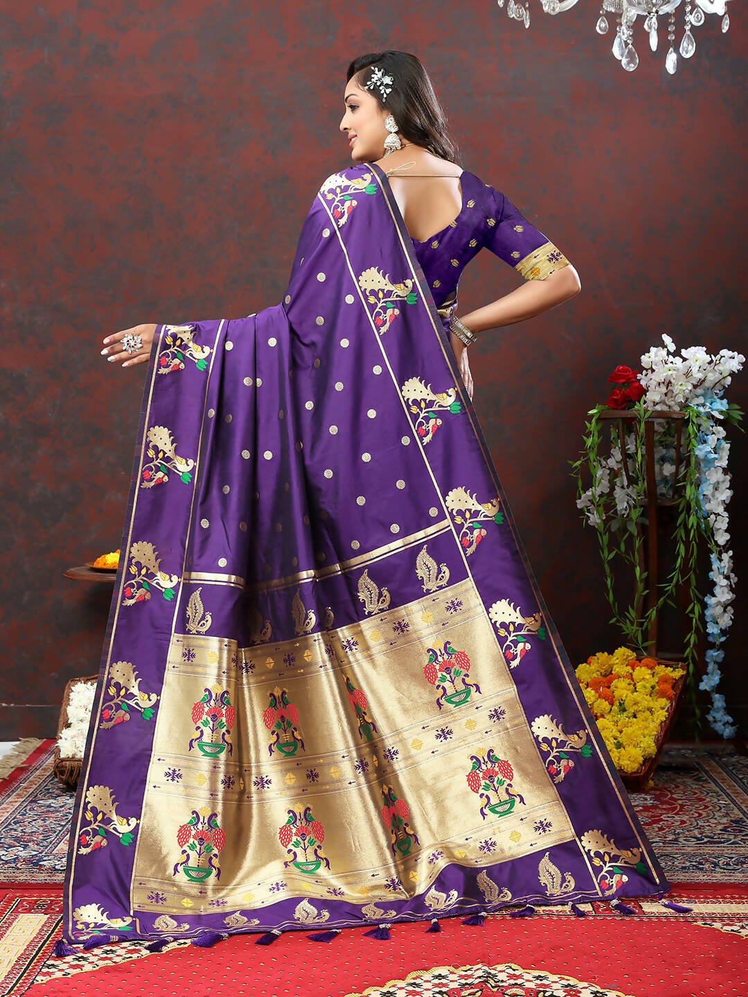 Lorenvalley Fashion Purple Soft Paithani Silk Woven Design Gold Zari Meenakari Weaving Saree