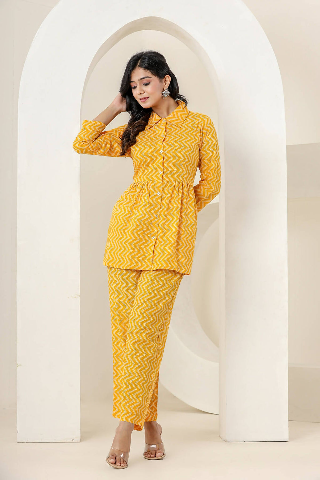 Kaajh Women's Yellow Zigzag Print Cotton Co-ord Set