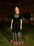 Juniper Women's The Sunehri Green Zari Embroidered Velvet Top & Skirt Set With Sequins & Lace