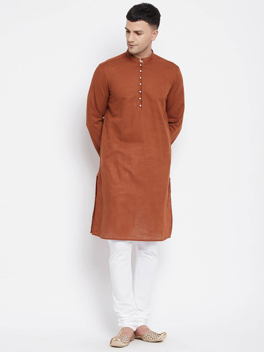 Even Apparels Brown Color Pure Cotton Men's Kurta With Band Collar