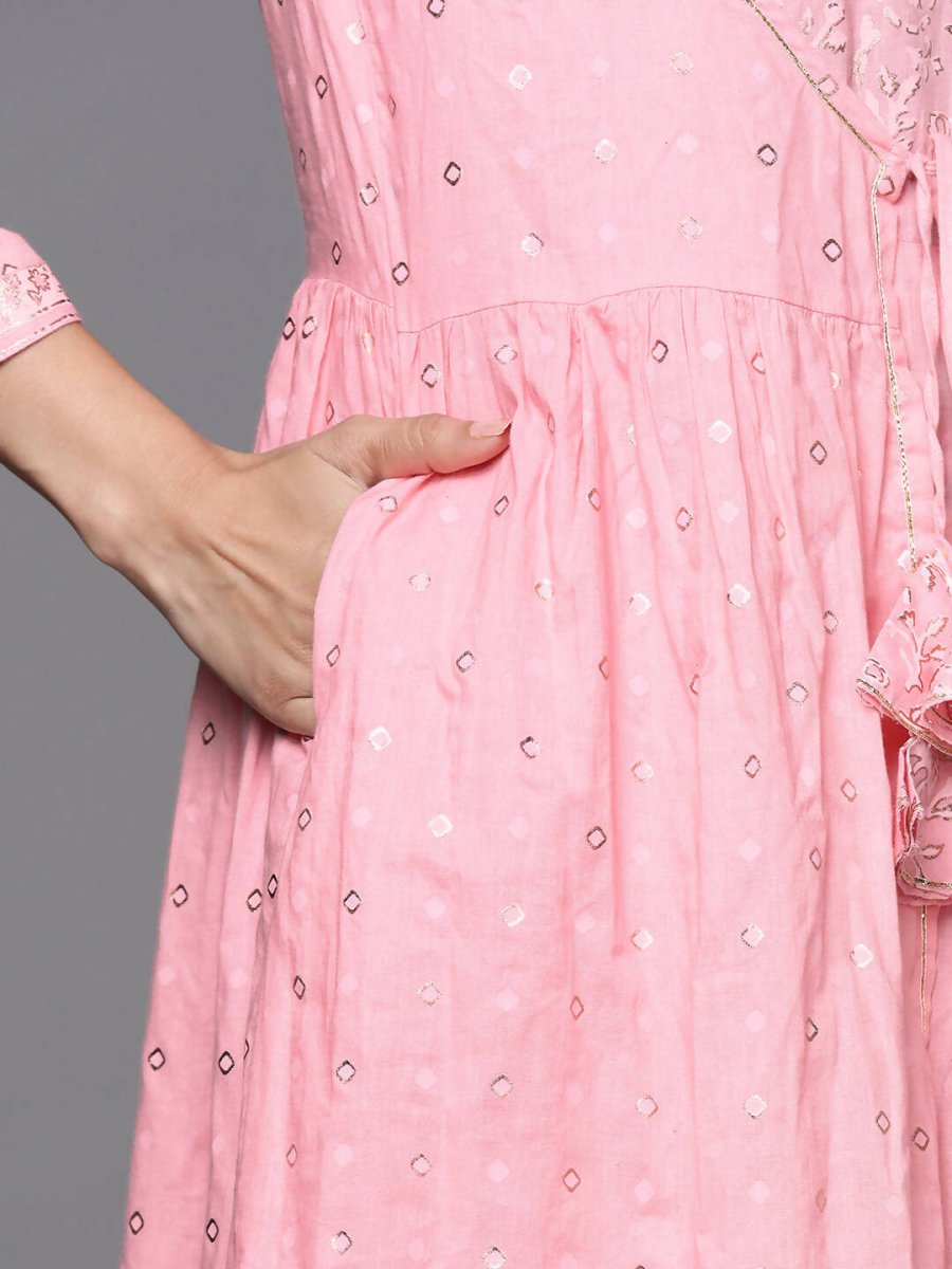 Ahalyaa Pink & Gold Ethnic Printed Layered Front Slit Cotton Anarkali Kurta Palazzos