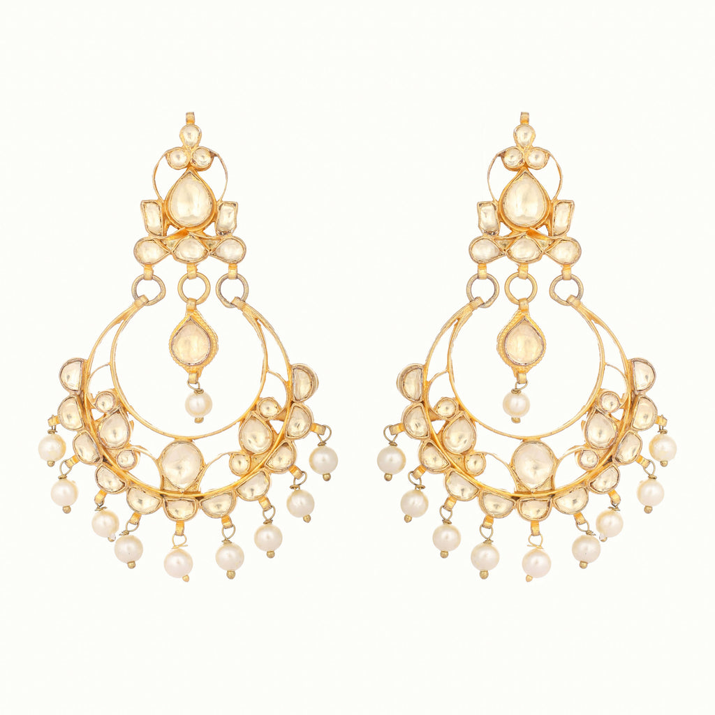 Nuyug 22K Gold Plated Kundan Studded Contemporary Shaped Pearl Drop Chandbalis