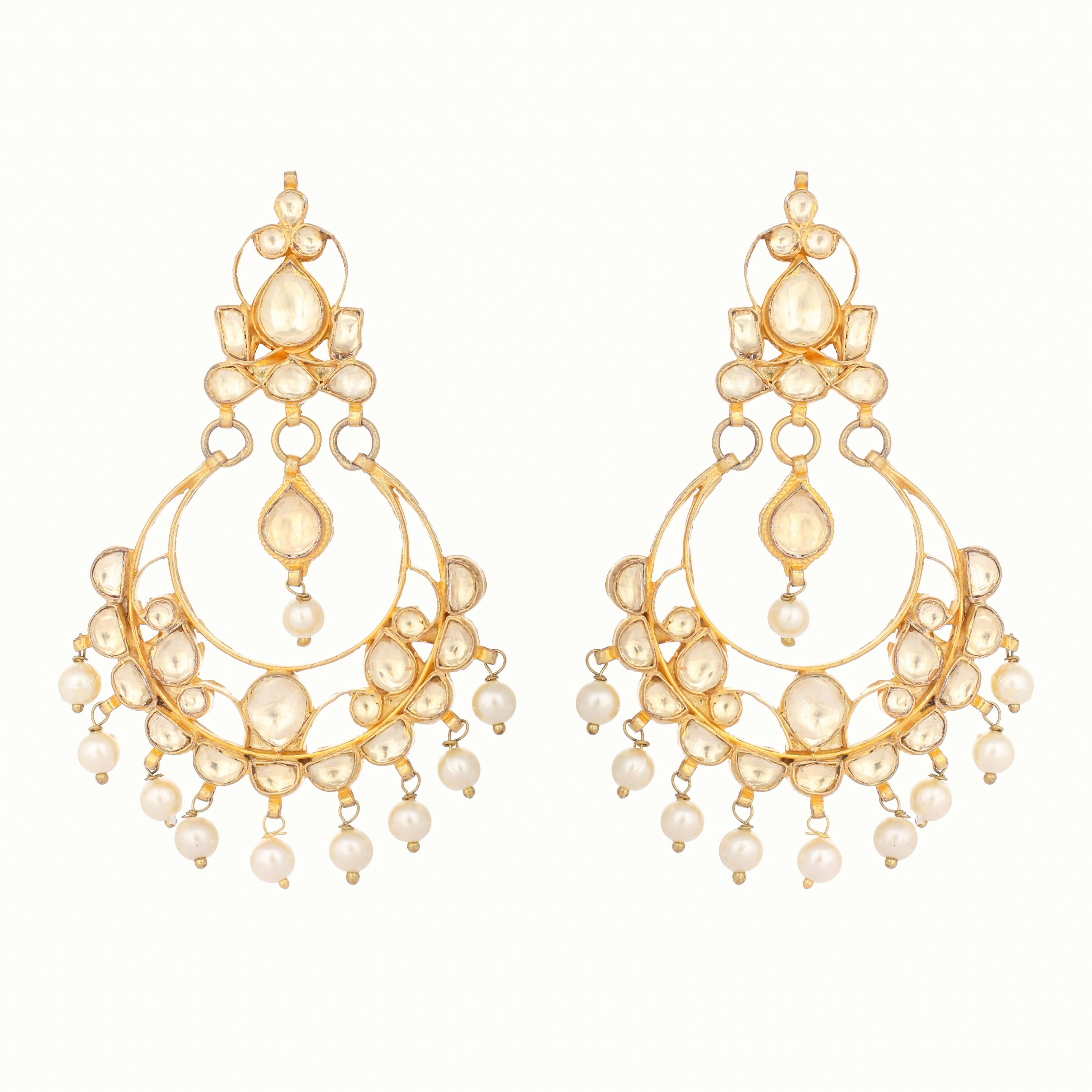 Nuyug 22K Gold Plated Kundan Studded Contemporary Shaped Pearl Drop Chandbalis