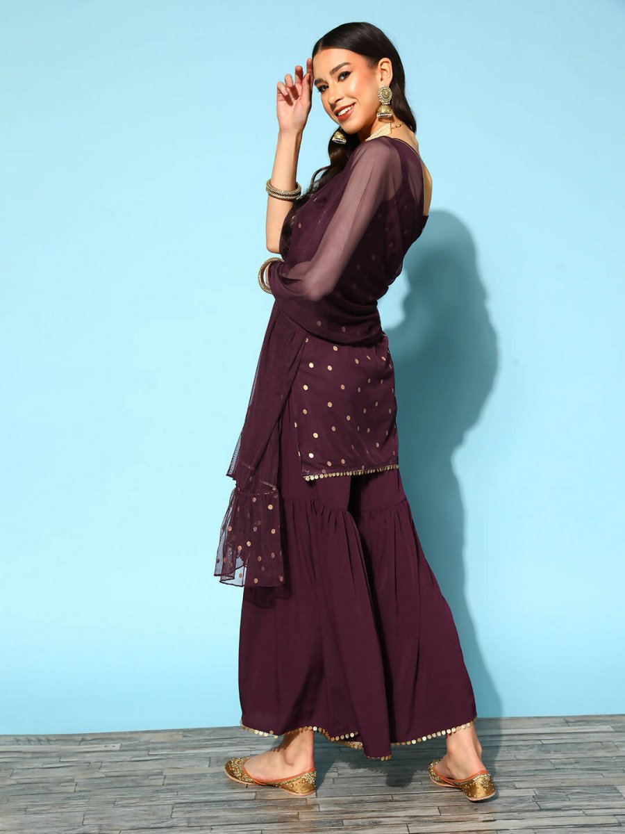 Ahalyaa Women Wine Colour Crepe Gold Printed Kurta Sharara Set