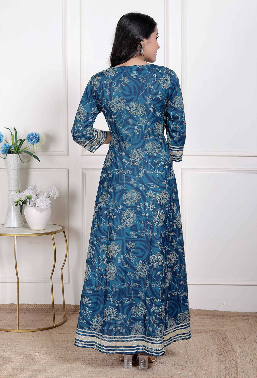 Miravan Women's Blue Cotton Embroidered Neck Anarkali Kurta