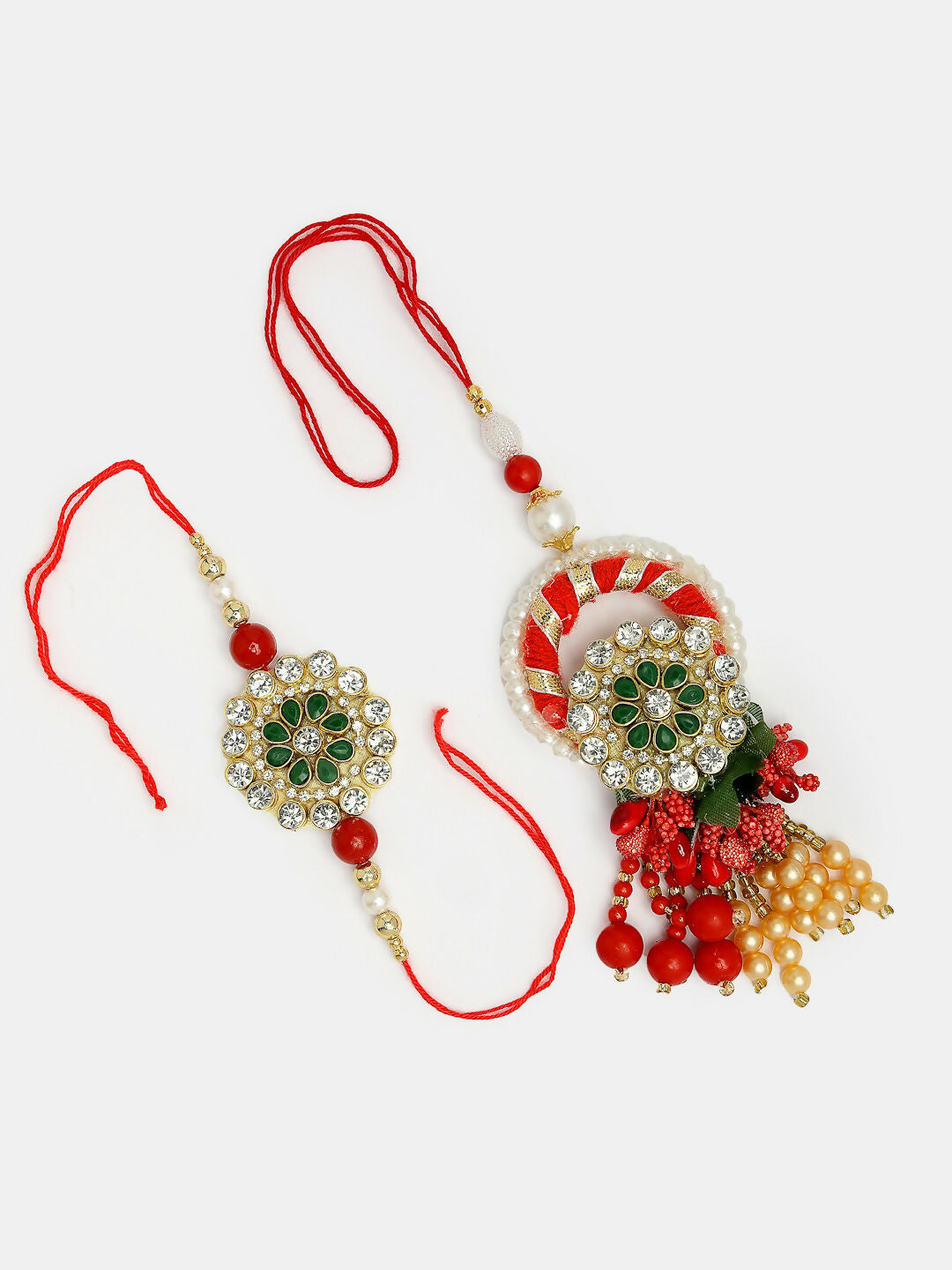 NVR Women & Men Set of 2 Red & Gold Toned Stone-Studded & Beaded Bhaiya Bhabhi Rakhi With Roli Chawal