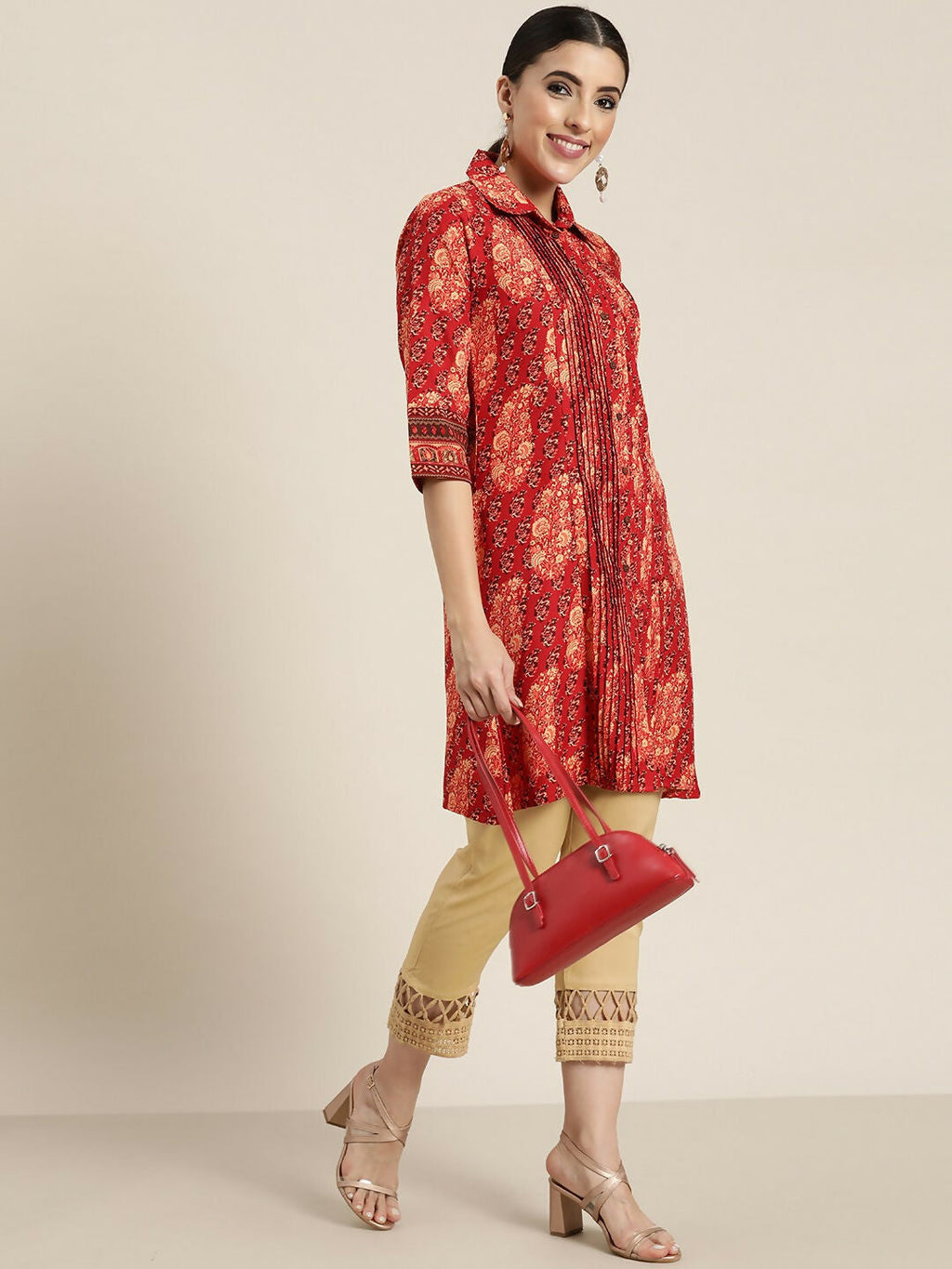 Juniper Red Ethnic Motif Printed Rayon A-Line Kurta with Buttons