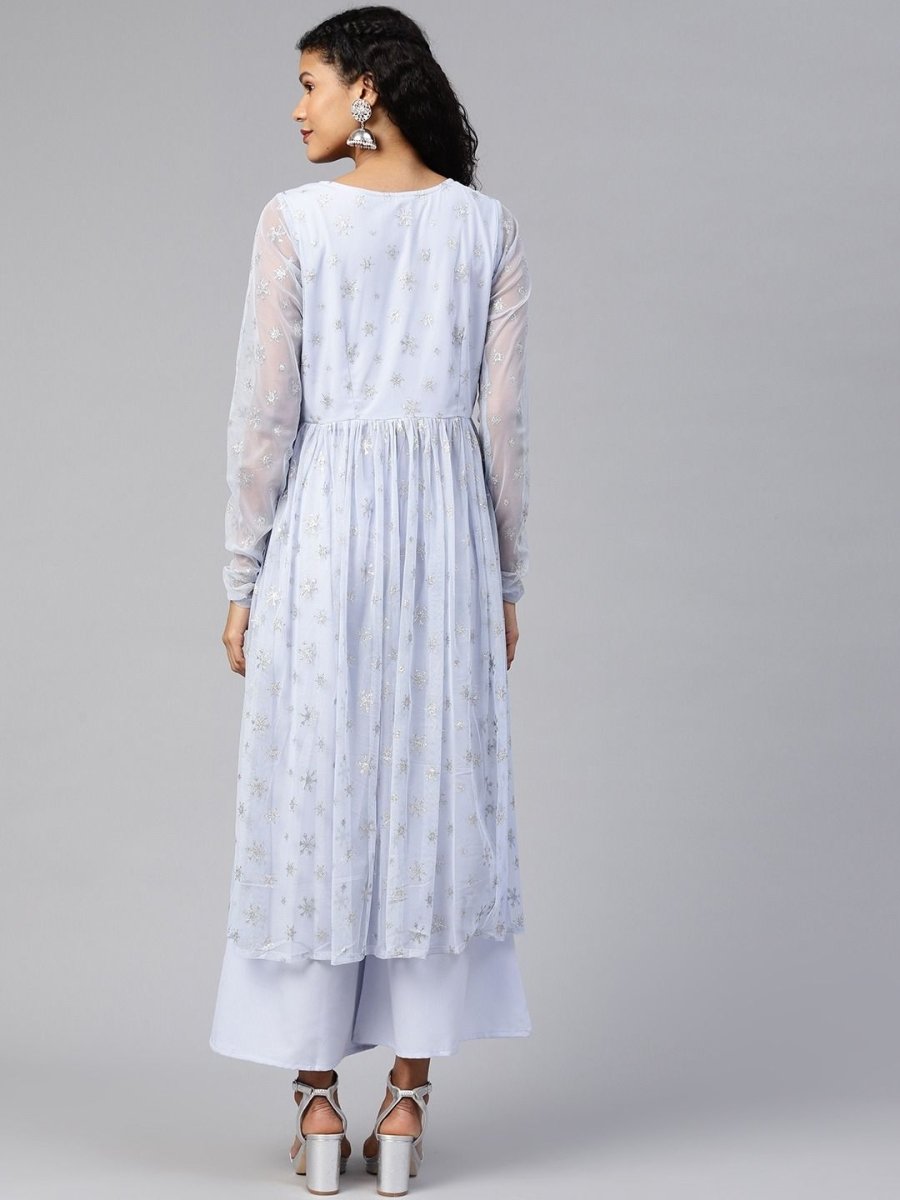 Ahalyaa Women's Blue Net Silver Glitter Printed Kurta Palazzo Set