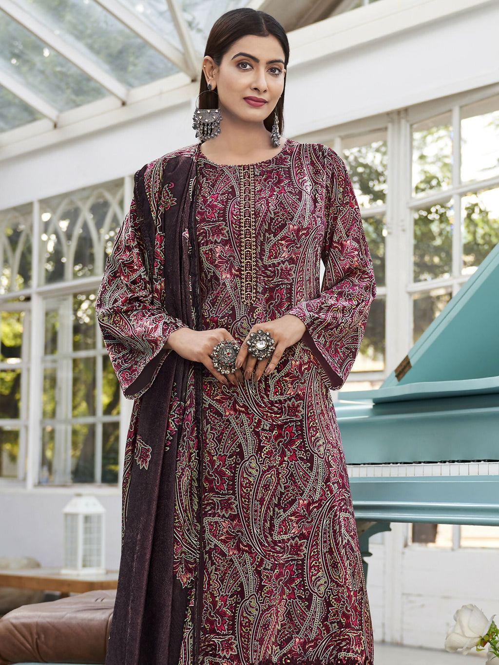 Jyoti Fashion Women's Wine Velvet Digital Print with Resham Thread work Kurta with Trouser & Dupatta