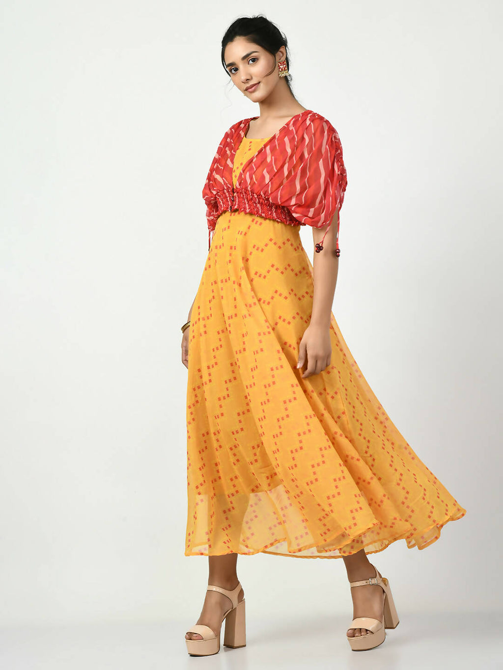 Myshka Women's Yellow Empire Printed Dress