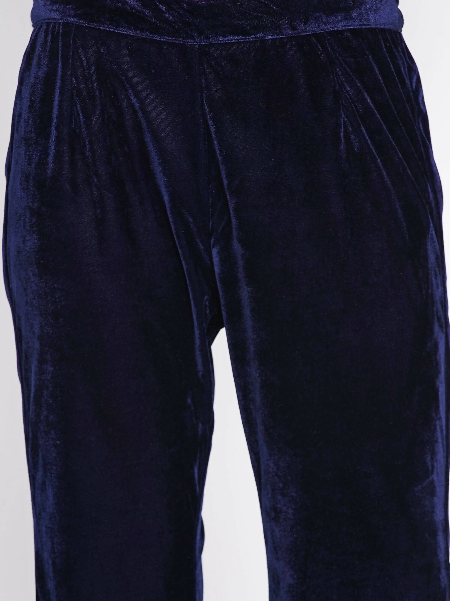 Women Republic Navy Blue Velvet Embroidered Kurta With Bellbottom Pants