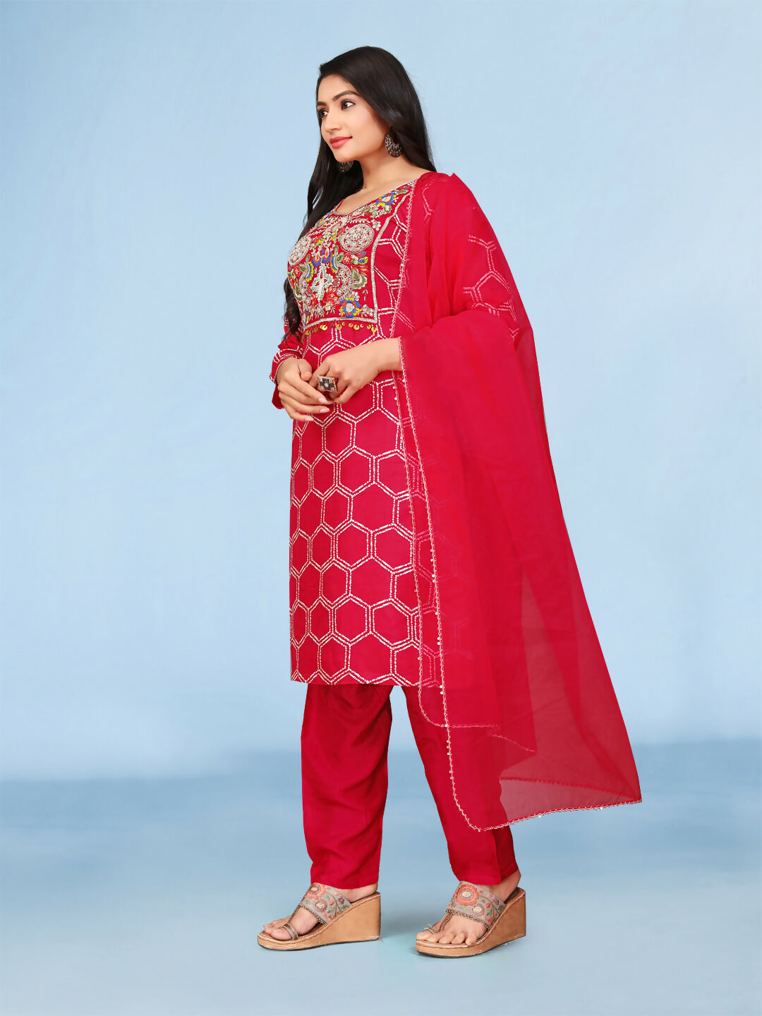 Joban Fashion Red Cotton Premium Pure Viscose Print Dola With Handwork Kurta set