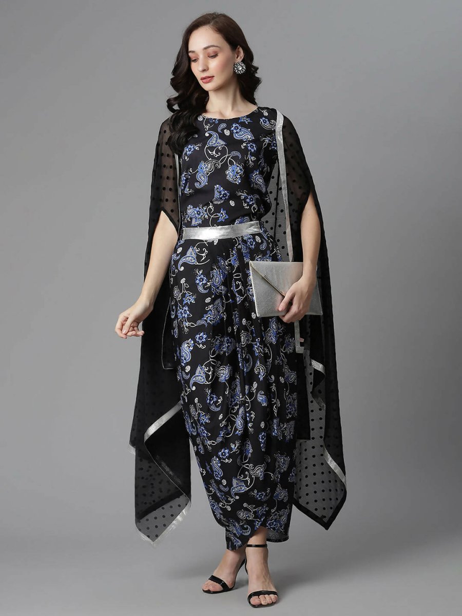 Ahalyaa Women's Black Color Crepe Digital Print Top Skirt With Shrug
