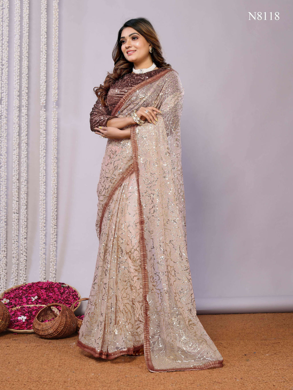 Brown Net Embroidered Saree With Stitched Blouse - Nimaya Kaksha